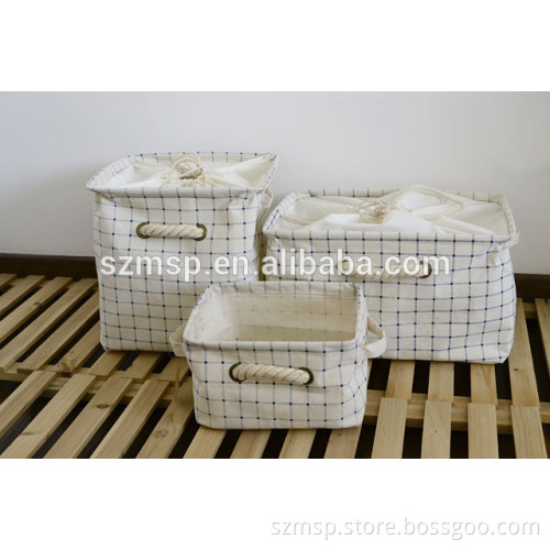 linen checkered print storage baskets with two cotton rope